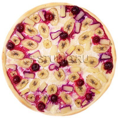 Десертная пицца с ананасом, бананом и вишней