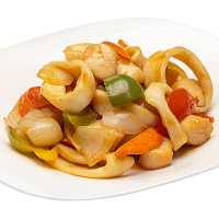 Гребешок с кальмаром и овощами